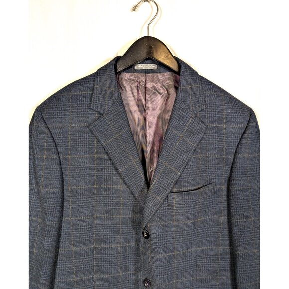 Britches of Georgetowne 42L Navy Blue Glen Plaid Wool & Cashmere Blazer Jacket - Picture 3 of 8